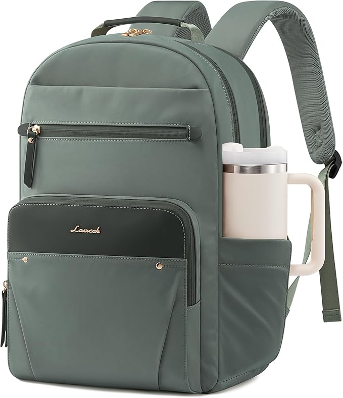 LOVEVOOK Laptop Backpack for Women with 2X Extra-Large Tumbler Pockets, 15.6" Work Backpack Purse, Travel Personal Item Bag, Carry On Business Computer Bag for Office, School, or Gift, Sage Green