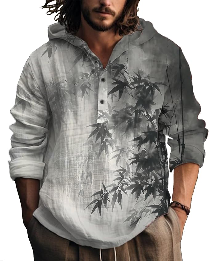 MARSVOVO Hooded Long Sleeve Shirt Men Fashion Graphic Button Up Lightweight Big and Tall Casual Vacation Shirts for Men