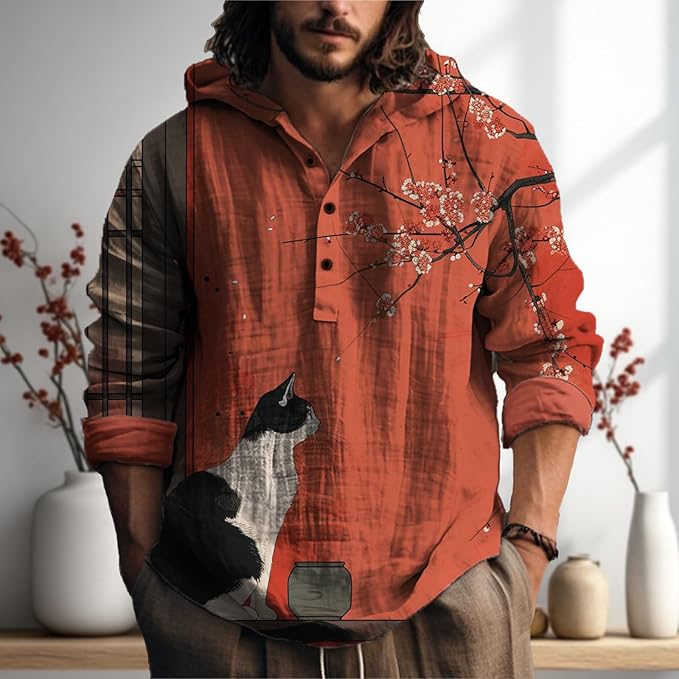 MARSVOVO Mens Japanese Art Long Sleeve Hooded Shirts Lightweight Quarter Button Hoodie Casual Cool Tops for Spring Fall