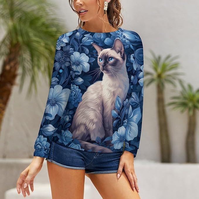 Sweatshirt for Women Cat Print Fashion Funny Plus Size Ladies Dressy Crewneck Casual Trendy Tee Shirts