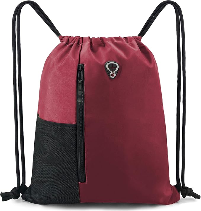 BeeGreen Maroon Drawstring Backpack Gym Bag For Men & Women – Sports Sackpack with Mesh Water Bottle Holder & 2 Zippered Pockets – Large 16x20 Inch Cinch String Backpack