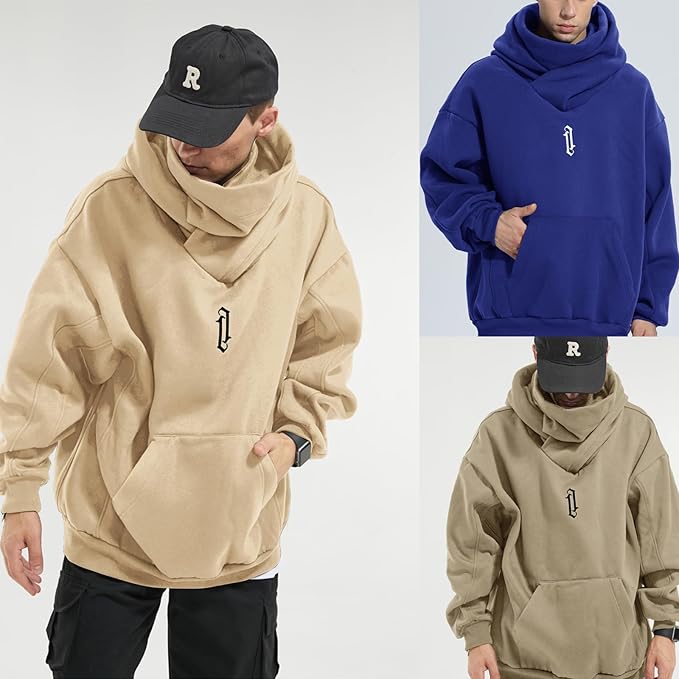 Fleece Hoodies for Men Cowl Neck Sweatshirts Hood with neck Gaiter Casual Pullover Fall Winter with Embroidery