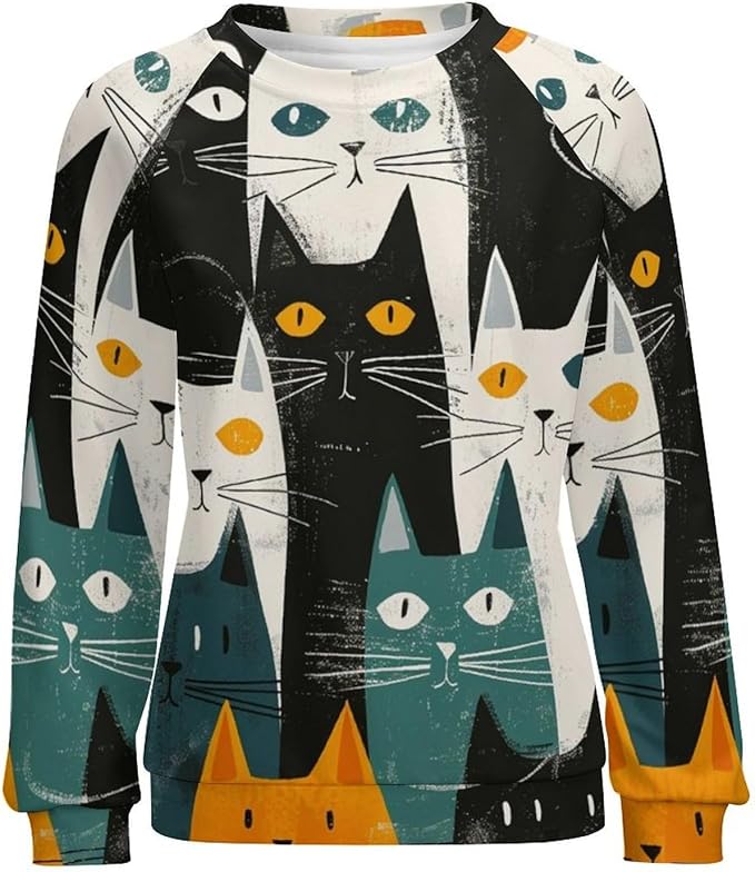 Fall Sweaters for Women 2024 Cat Print Long Sleeve Casual Crewneck Warm Fall Pullover Comfy Fashion Sweatshirts