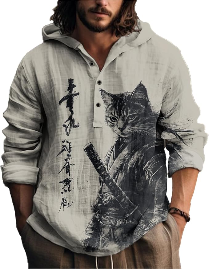 MARSVOVO Mens Japanese Art Long Sleeve Hooded Shirts Lightweight Quarter Button Hoodie Casual Cool Tops for Spring Fall