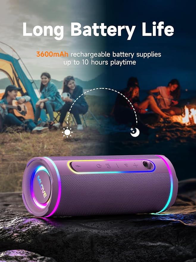 MLOVE E80 Portable Bluetooth Speaker, Bluetooth 5.4 Wireless Speakers IPX7 Waterproof with Aux Input, Micro SD Card Slot, Led Lights, Bass Boost, Dual Pairing, Mic for Outdoor Travel, Car, 30W, Purple