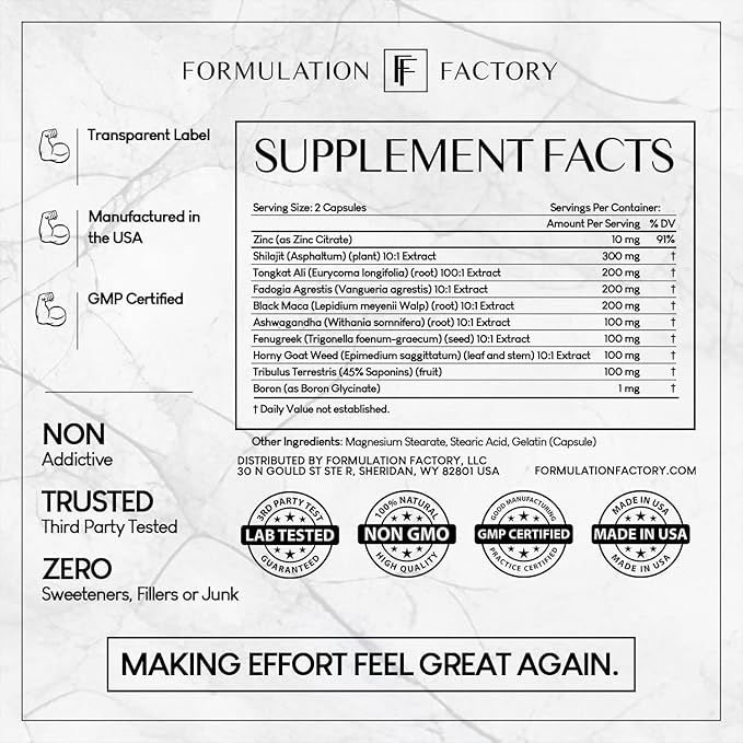 Formulation Factory Self Obsessed Starter 10-in-1 Masculinity Maximizer Supplement for Men with Shilajit, Tongkat Ali, Ashwagandha, Fenugreek to Support Muscle, Drive, Strength 60 Count (Pack of 1)