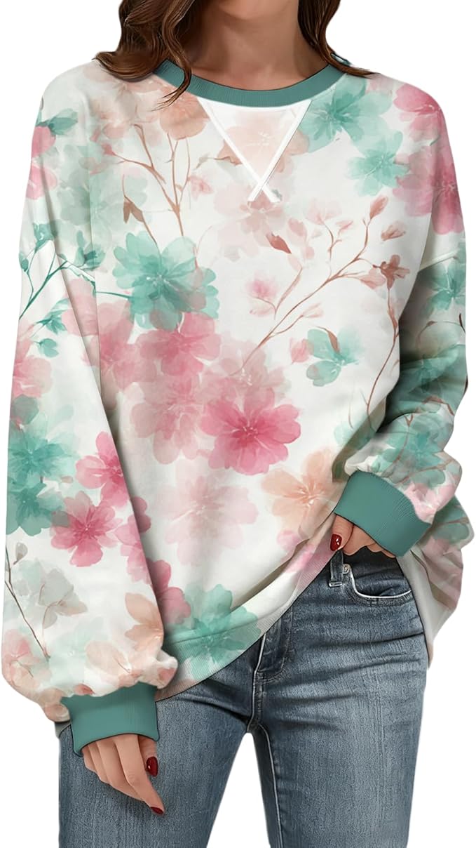 Womens Sweatshirts Fahsion Floral Print Long Sleeve Comfy Fall Tops Oversized Casual Crewneck Pullover Shirts
