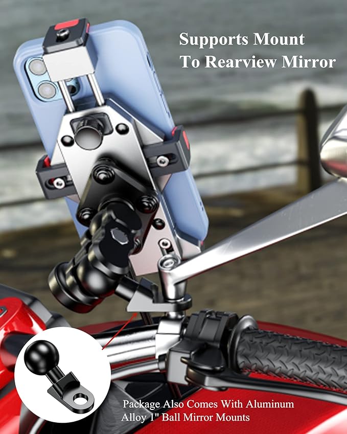 BRCOVAN Anti-Theft Aluminum Alloy Motorcycle Phone Mount with Vibration Dampener & Secure Lock, Adjustable Motorcycle Handlebar Cellphone Holder for Bike Bicycle Scooter ATV, Fit 4.7-7.2'' Smartphone