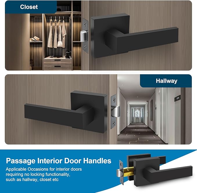 Passage Door Lever, 6 Pack Matte Black Interior Door Handles for Hallway and Closet, Heavy Duty Square Interior Keyless Door Handles Non-Locking Door Knobs for Right & Left Side Door