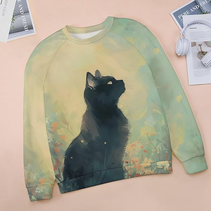 Sweatshirt for Women Cat Print Fashion Funny Plus Size Ladies Dressy Crewneck Casual Trendy Tee Shirts