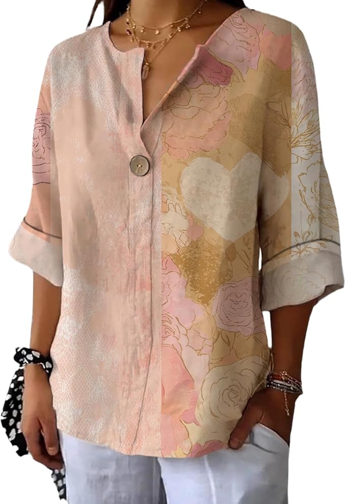 Fashion Shirts for Women Loose Fit Button Down V Neck Blouse 3/4 Sleeves Casual Tunic Tops Summer Outfits