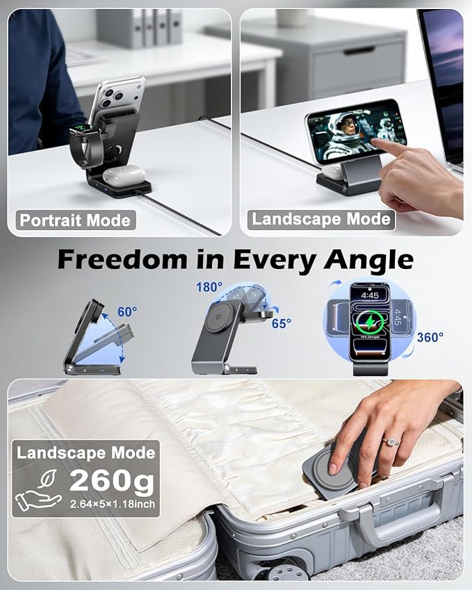 CloudValley 3-in-1 Magnetic Travel Wireless Charging Station, Qi2.2 25W Foldable Charging Stand with TEC Active Cooling Fan, Design for MagSafe iPhone 17/16, AirPods & Apple Watch（Adapter Included