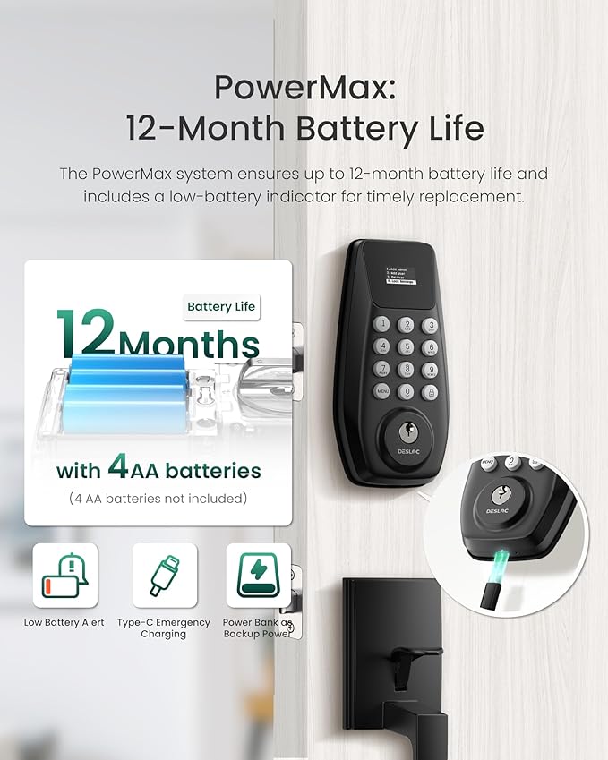 DESLOC C100 Keyless Entry Door Lock with Keypad, Smart Deadbolt Lock for Front Door with 2 Keys, Auto Lock, Easy Installation, 100 PIN Codes, IP54 Waterproof, BHMA Grade 3, Black
