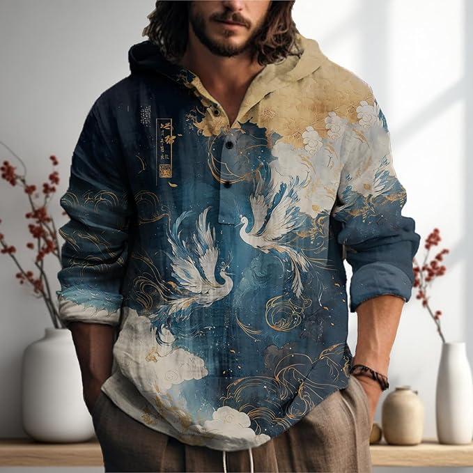 MARSVOVO Mens Japanese Art Long Sleeve Hooded Shirts Lightweight Quarter Button Hoodie Casual Cool Tops for Spring Fall