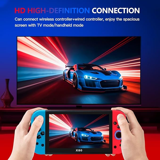 X80 7-Inch All-in-One Retro Game Console with 20000+ Games, Portable Handheld & HDMI TV Output, 2-Player Arcade System, Multimedia Player (Red/Blue)