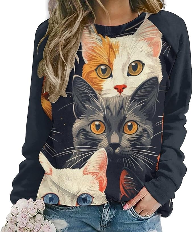 Long Sleeve Shirt Women Fall Cat Print Funny Hide Belly Vacation Plus Size Ladies Hippie Dressy Sweaters
