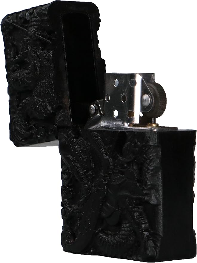 Natural Ebony Black Wood Carved Lighter Shell Box For Zippo Module (Guan Gong Yu Warrior Dragon 1#)