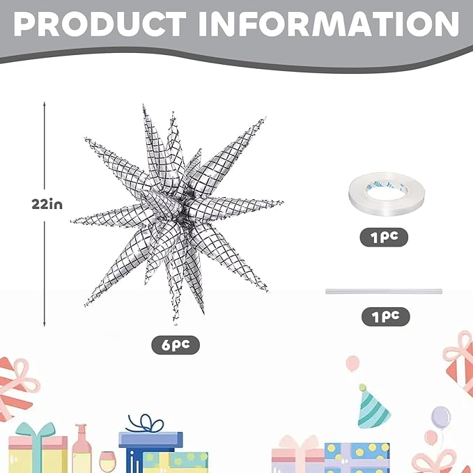 6PCS Star Balloons Iridescent Disco, 22 Inch Large Silver Star Balloon Foil Balloons Christmas Party Balloon for Birthday Christmas Disco Bachelorette Wedding Anniversary Party Backdrops Decorations