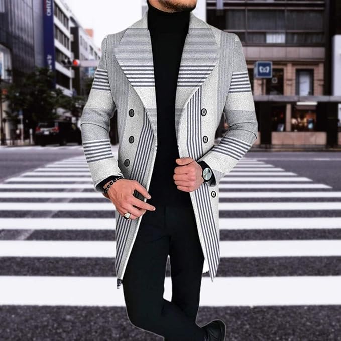 Men's Plaid Long Trench Coat Mid - Length Lapel Collar Button Down Warm Overcoat for Winter & Autumn Fashion