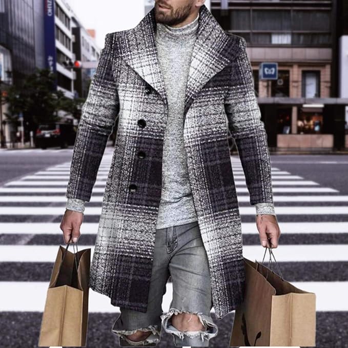 Men's Plaid Long Trench Coat Mid - Length Lapel Collar Button Down Warm Overcoat for Winter & Autumn Fashion