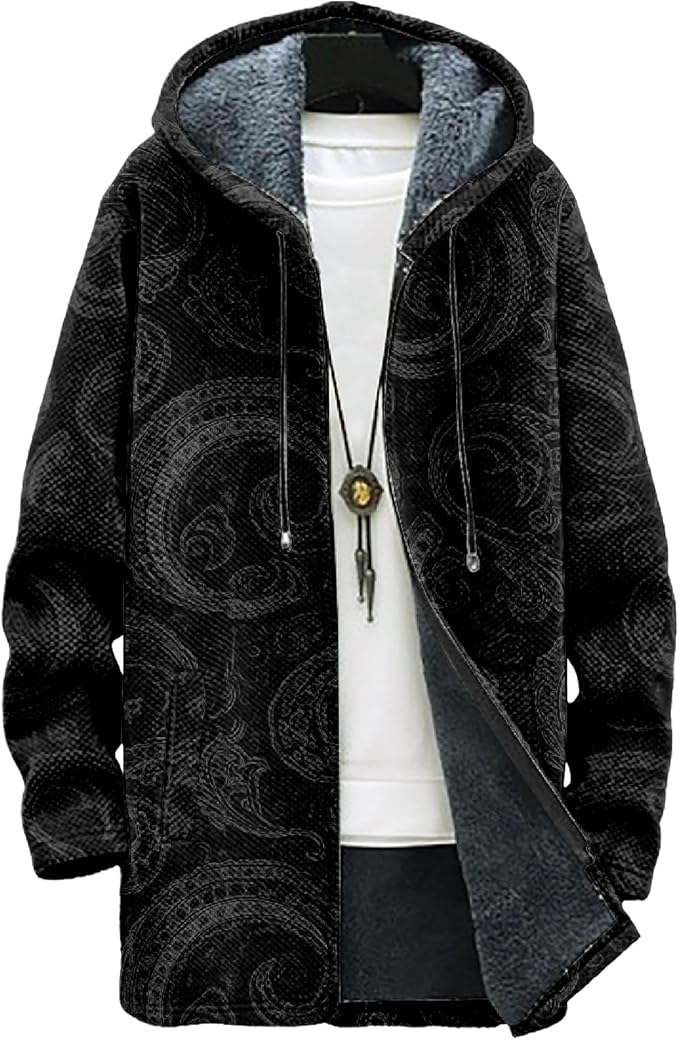 MARSVOVO Long Hooded Cardigan Men Japanese Art Style Fashion Cool Graphic Streetwear Winter Warm Lined Fleece Jacket