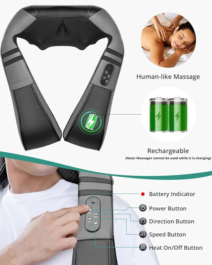Medcursor Neck Massager with Heat for Pain Relief Deep Tissue, Rechargeable, Shiatsu Neck and Shoulder Massager, Ideal Choice for Men, Women, Mom & Dad