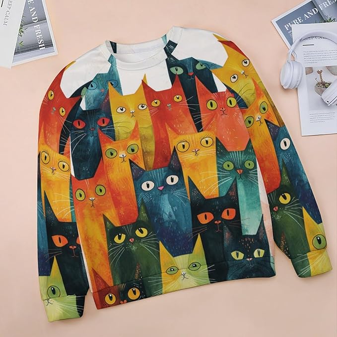 Fall Sweaters for Women 2024 Cat Print Long Sleeve Casual Crewneck Warm Fall Pullover Comfy Fashion Sweatshirts