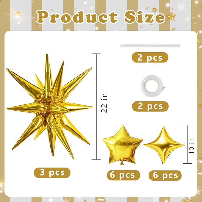 TONIFUL 22Inch 15Pcs Gold Large Explosion Star Mylar Balloons and 10Inch Four Pointed Star Balloons Set for Christmas New Year Birthday Wedding Bridal Shower Anniversary Photo Booth Supplies