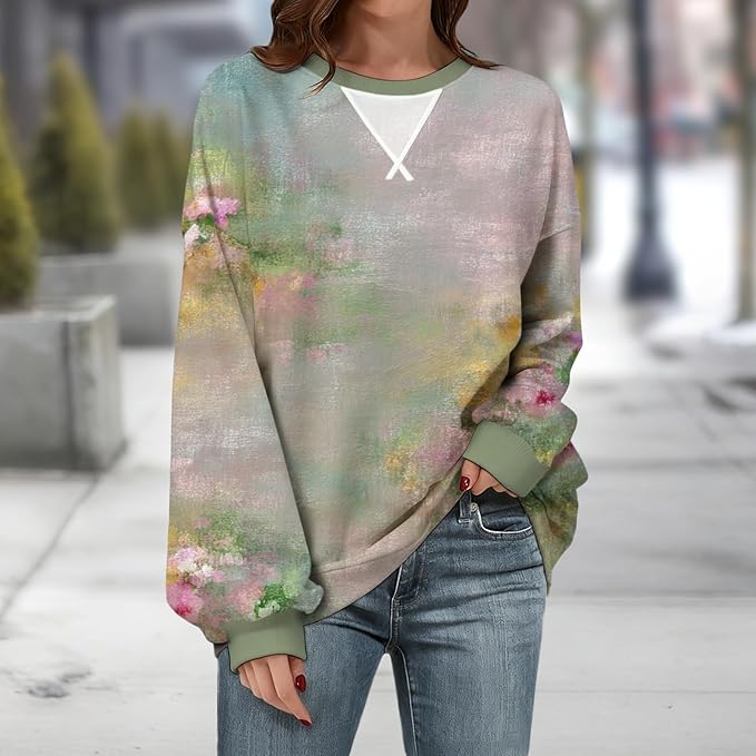 Womens Sweatshirts Fahsion Floral Print Long Sleeve Comfy Fall Tops Oversized Casual Crewneck Pullover Shirts