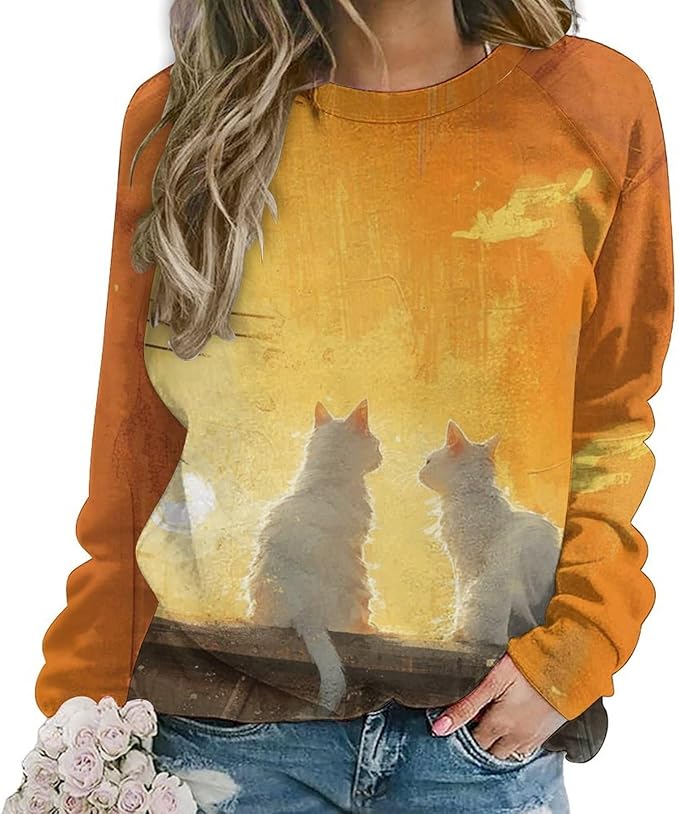 Long Sleeve Shirts for Women Cat Printed Fall Winter Dressy Holiday Casual Fashion Crewneck Tunic Tee Shirts