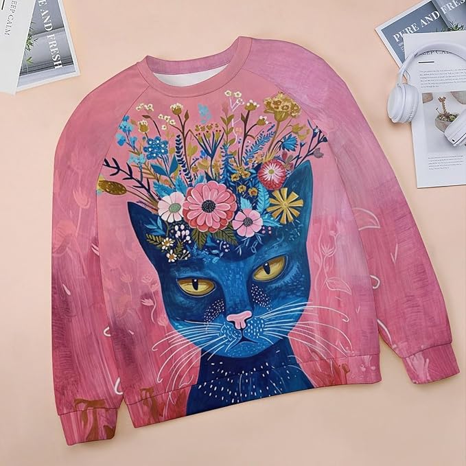 Sweatshirt for Women Cat Print Fashion Funny Plus Size Ladies Dressy Crewneck Casual Trendy Tee Shirts