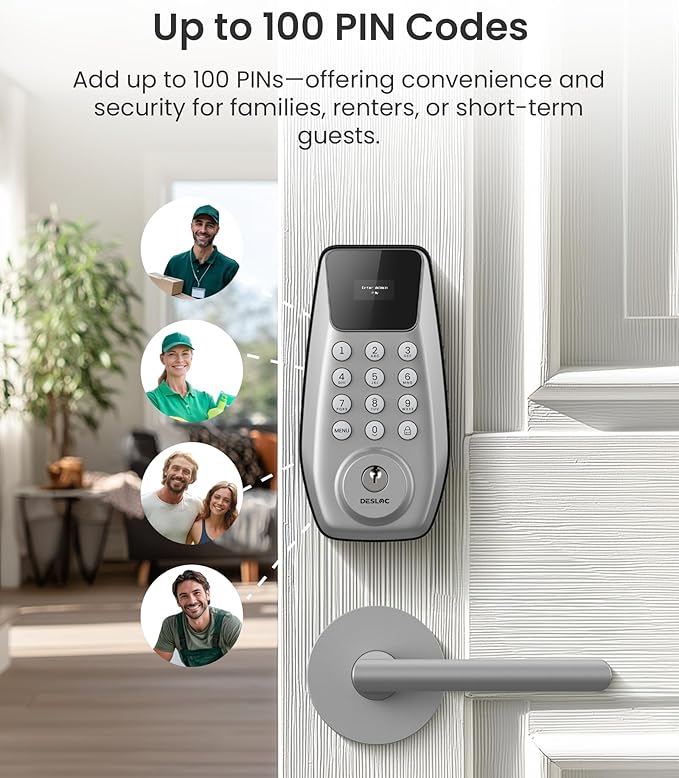 DESLOC C100 Keyless Entry Door Lock with Keypad, Smart Deadbolt Lock for Front Door with 2 Keys, Auto Lock, Easy Installation, 100 PIN Codes, IP54 Waterproof, BHMA Grade 3, Silver