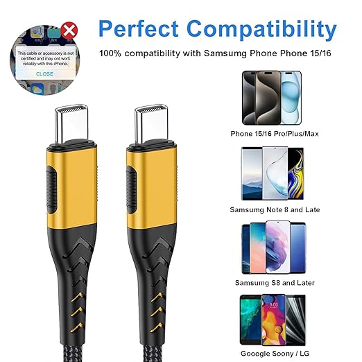 Durcord USB C to USB C Cable, 2Pack 100W 6ft USB C Charger Cable Fast Charging for Android/Phone/Pad, Type C to Type C Charger Braided USB Cable Compatible with Phone 16/15 Pro Plus Max Gold