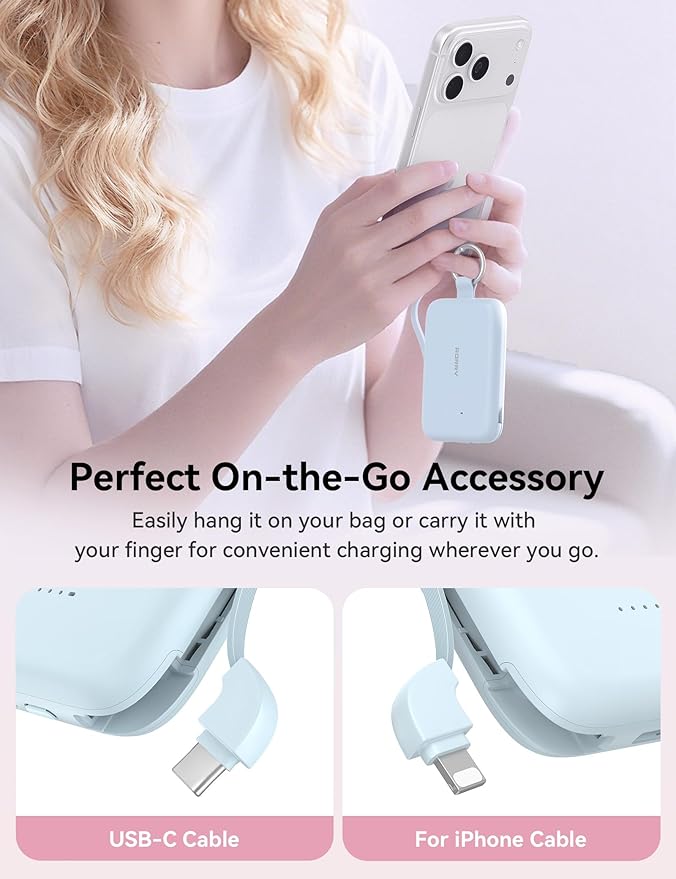RORRY Portable Charger, 10000mAh PD 30W Fast Charging Portable Charger Power Bank with Built-in Cables, Travel Keychain Charger Battery Pack for iPhone 17/16/15/14/13/12, for AirPods 2/3/4/Pro, Blue