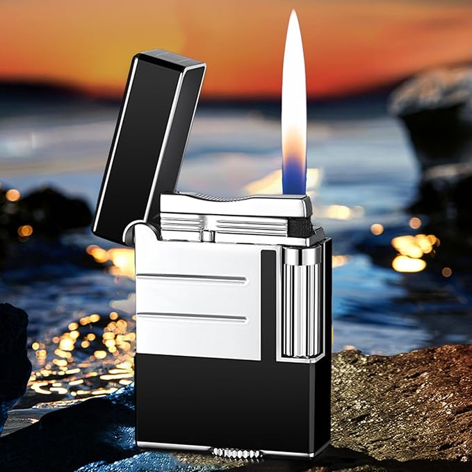 Classic Brushed Gas Lighters, Zinc Alloy Refilled Butane Lighter, Side Wheel Frosted Lighter, Adjustable Flame Flip Lighters, for Outdoor, Camping, Men's Gifts (Silver Black)
