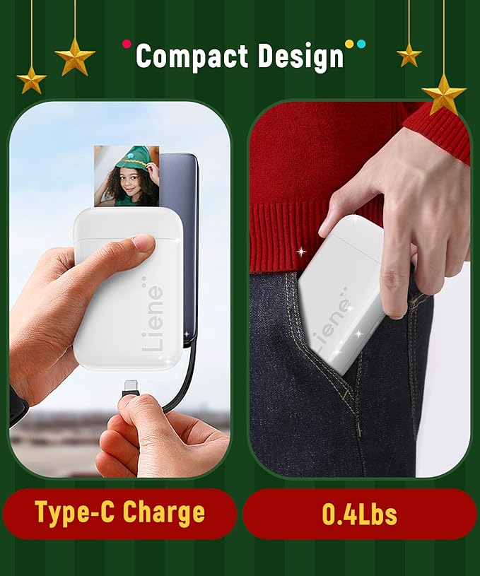 Liene 2x3” Photo Printer, Mini Instant Portable Color Mono Picture Printer Bundle 50 Zink Adhesive Paper, Bluetooth 5.0, Compatible w/iOS & Android, Small Phone Sticker for iPhone, Smartphone, White