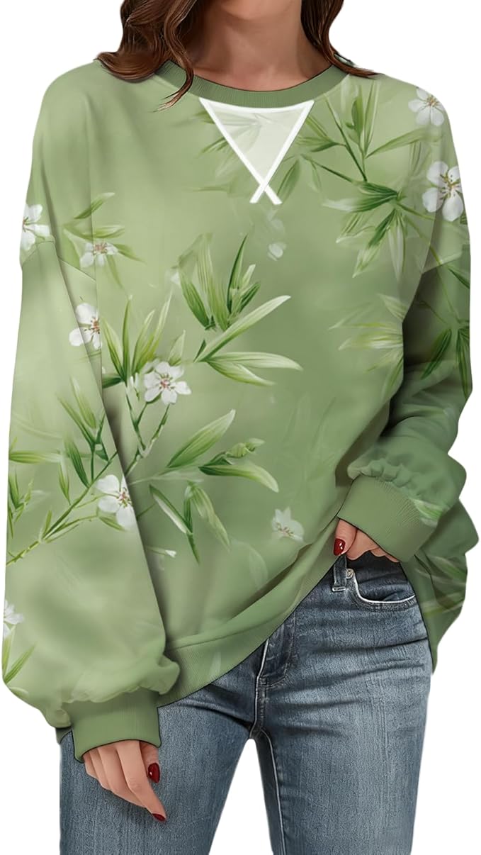 Womens Sweatshirts Fahsion Floral Print Long Sleeve Comfy Fall Tops Oversized Casual Crewneck Pullover Shirts
