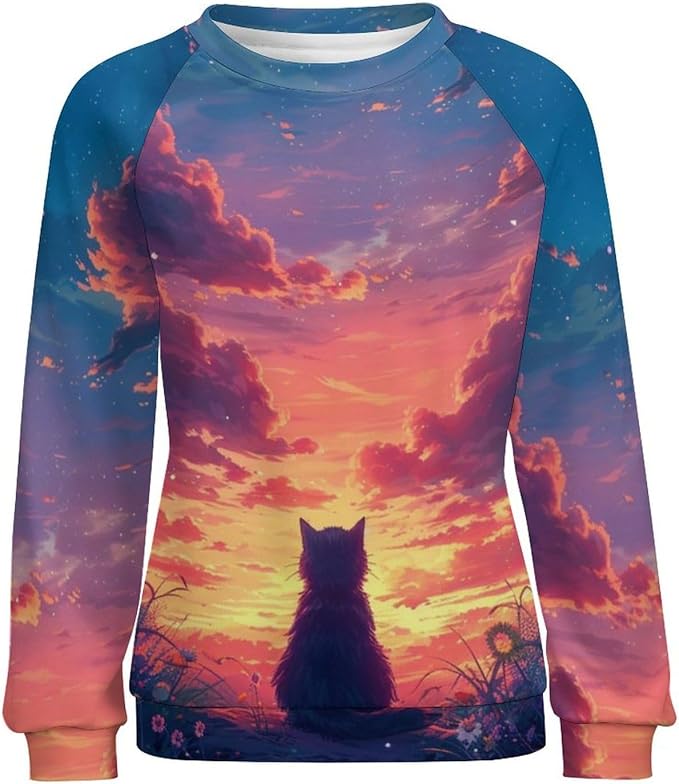 Long Sleeve Shirts for Women Cat Printed Fall Winter Dressy Holiday Casual Fashion Crewneck Tunic Tee Shirts