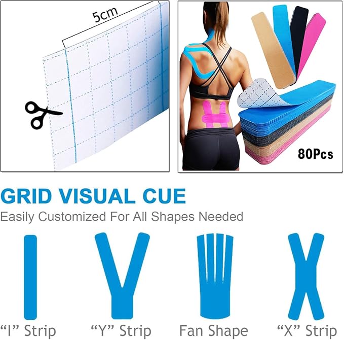 Kinesiology Tape Precut |80Strips - Elastic Pro Athletic Tape,Cotton Waterproof Breathable Sport Tape for Knee,Elbow Muscle & Joints Support & Pain Relief(Mixed)