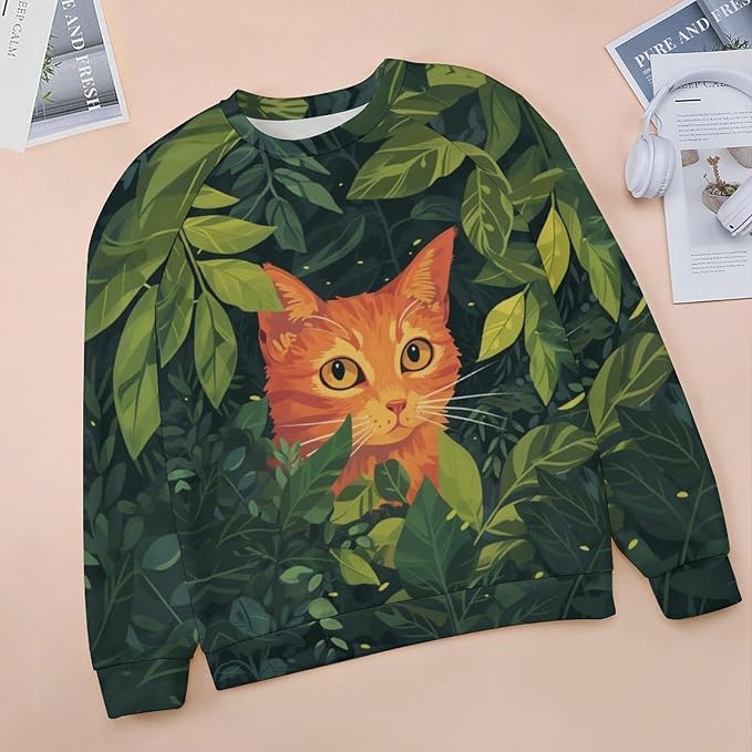 Sweatshirt for Women Cat Print Fashion Funny Plus Size Ladies Dressy Crewneck Casual Trendy Tee Shirts