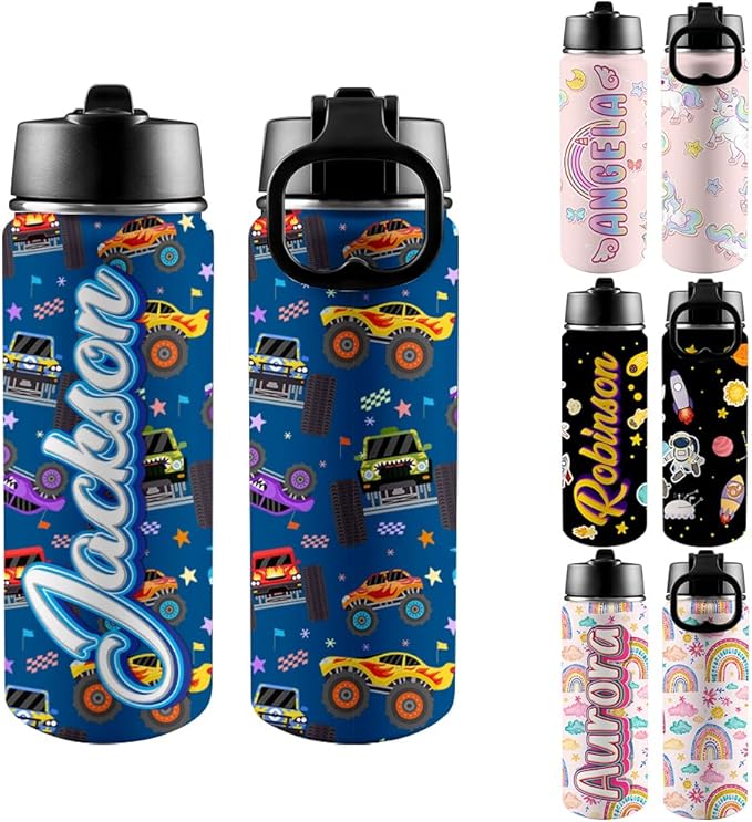 Personalized Water Bottles For Kids with Name, 18/32 oz Personalized Cute Stainless Steel Sports Water Bottle for Kid Men Women, Customize Double Wall Vacuum Insulated Bottle Birthday Gifts