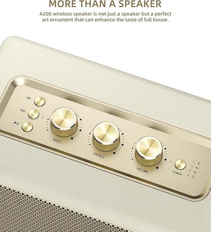 MLOVE A200 Portable Retro Bluetooth Speaker with Aux Input, USB Port, Micro SD Card Slot - Decorative Wireless Bookshelf Speakers for Home & Office, Battery Powered, White and Gold