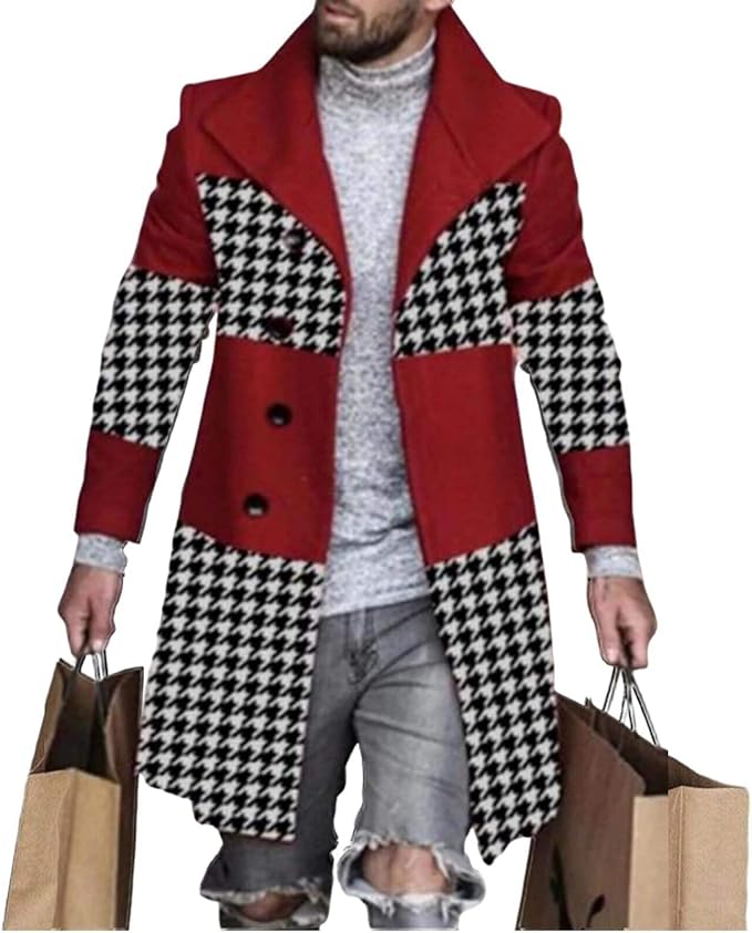 Men's Plaid Long Trench Coat Mid - Length Lapel Collar Button Down Warm Overcoat for Winter & Autumn Fashion