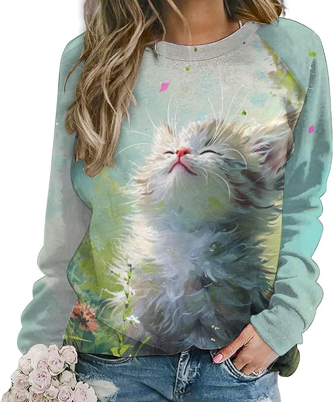 Long Sleeve Shirts for Women Cat Printed Fall Winter Dressy Holiday Casual Fashion Crewneck Tunic Tee Shirts