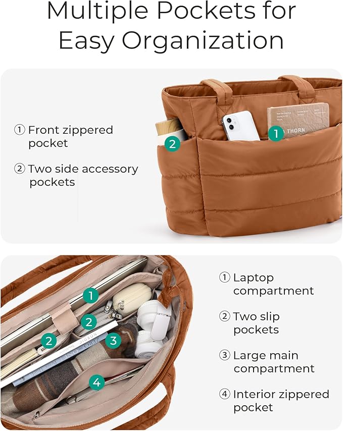 BAGSMART Tote Bag for Women, Lightweight Puffy Tote Bag with Compartments Shoulder Bag Handbag for Travel, Work, Gym | Puffy, Lightweight, for Travel, Quilted, Tote Bag with Compartments, Work
