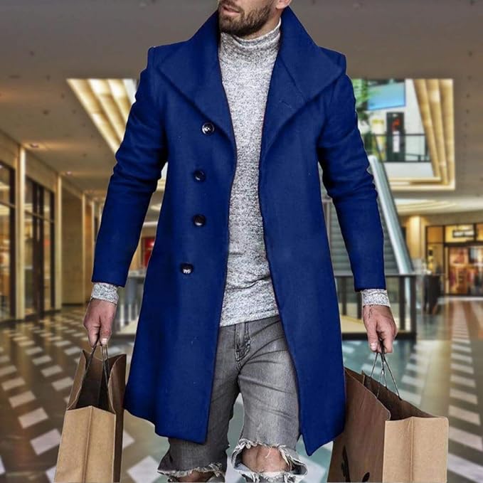 Men's Plaid Long Trench Coat Mid - Length Lapel Collar Button Down Warm Overcoat for Winter & Autumn Fashion