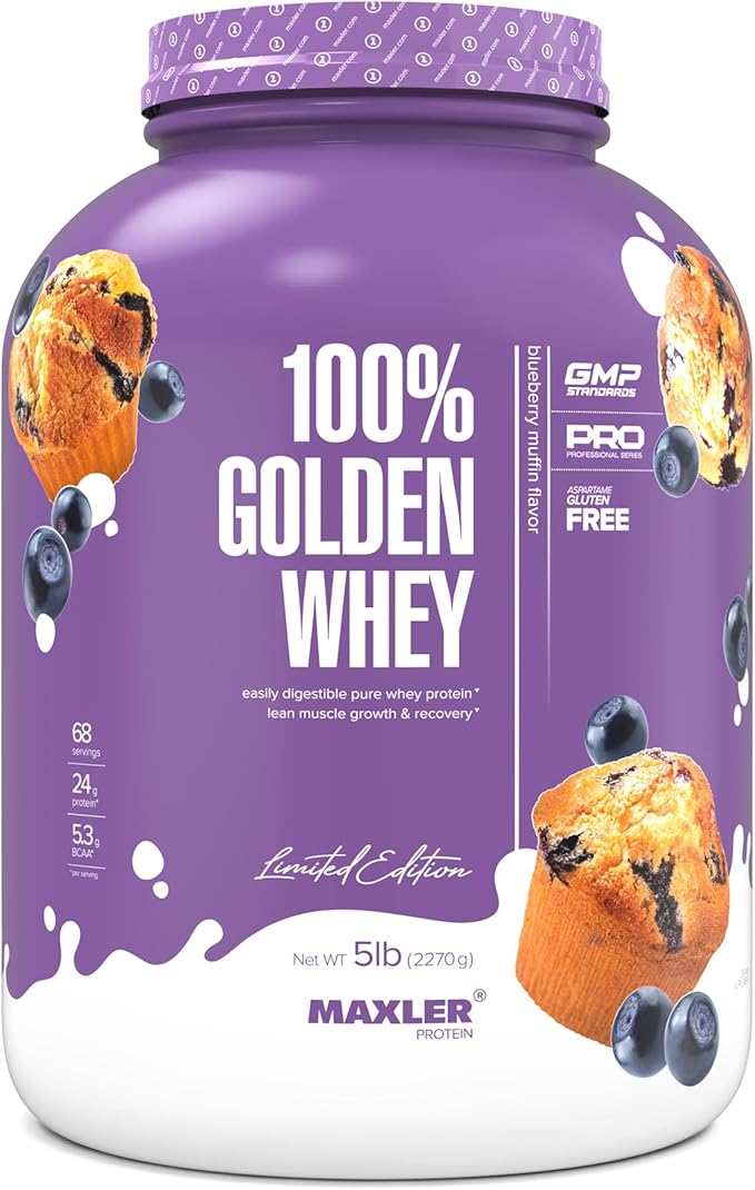 Maxler 100% Golden Whey Protein - 24g of Protein per Serving - Whey Protein Powder for Pre Post Workout - Fast-Absorbing Whey Concentrate, Isolate & Hydrolysate Blend - Blueberry Muffin 5 lb