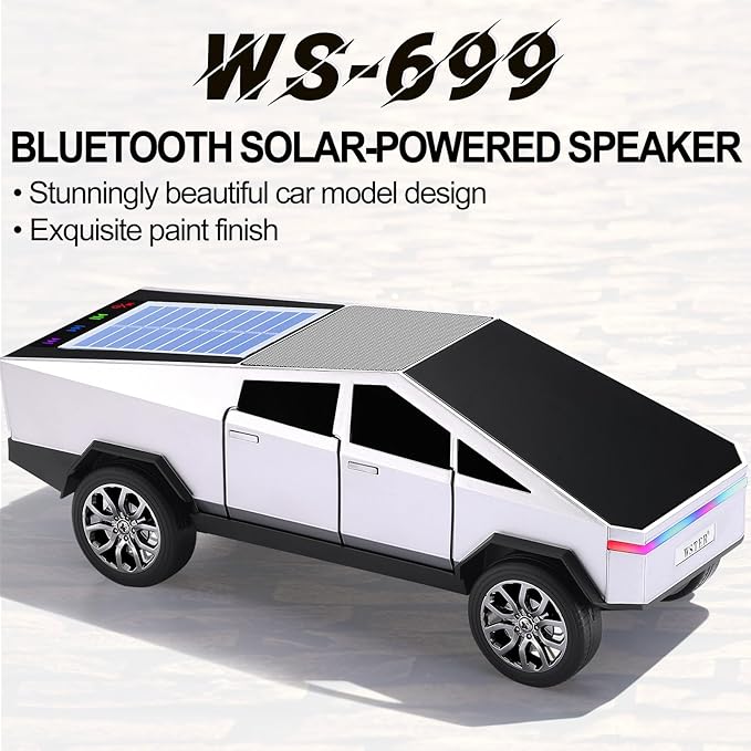 Solar-Powered car-Shaped Bluetooth Speaker, Portable Wireless Stereo, high-Definition Sound Quality, TWS Dual-Ear Pairing, Truck-Shaped Speaker, Suitable for Home, Office and Gift (Silver)