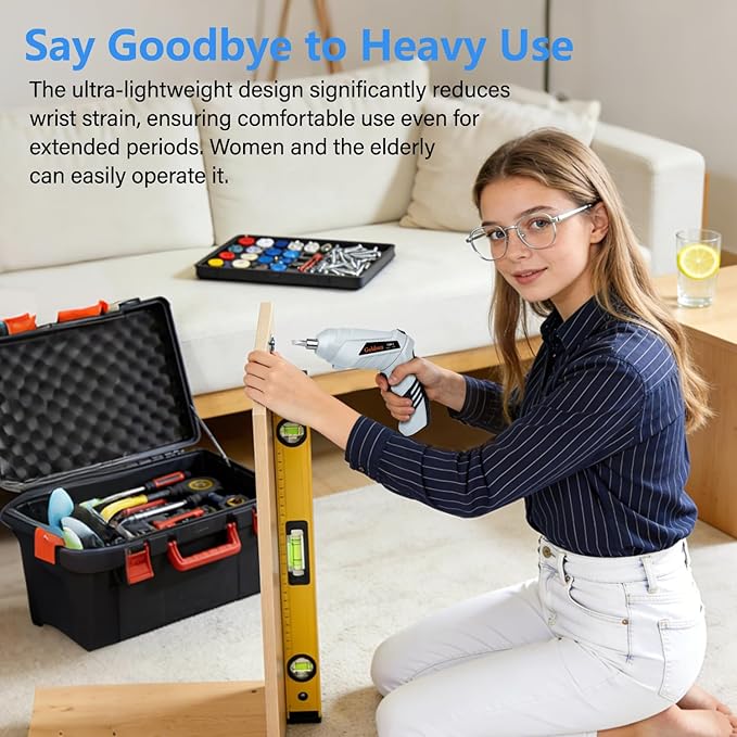 Electric Screwdriver Cordless, Goldsea 4.2V 3.5N.m 1500mAh Battery Rechargeable via Type-c, 1/4" 10pcs Magnetic Bits, Hex Chuck, 90° to 180° Adjustable Handle, LED Light for Home DIY & Repairs-Gray