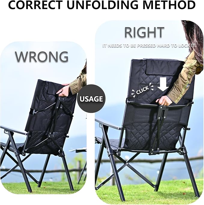 Reclining Camping Chair, Heavy Duty Folding Chairs with 4-Stage Adjustable High Back for Adults, Compact Foldable Outdoor Patio Reclining Chair with Storage Bag (Black, 2 Pack)